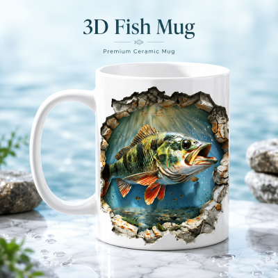 3D Fish In Water Design Ceramic Mug – Microwave & Dishwasher Safe Wraparound Coffee Mug with Protected Packaging